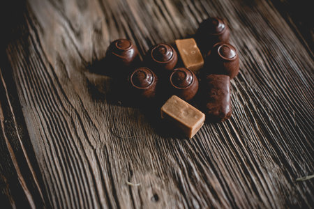 Delicious chocolate candies on wooden backgroundの写真素材