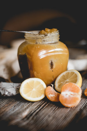 Honey and others natural medicine for the winter flue ( Rustic still life.の写真素材