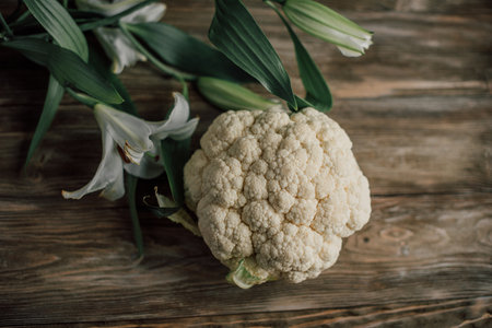fresh cauliflower on the table, healthy foodの写真素材