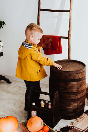 Cool trendy hipster boy 2 years old wears yellow jacket posing at the decorated photozone of autumn decor with beautiful bright autumn leaves. Cosy atmosphereの写真素材