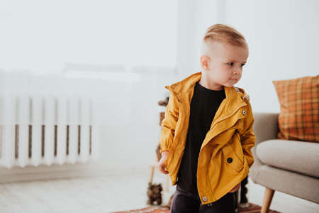 Cool trendy hipster boy 2 years old wears yellow jacket posing at the decorated photozone of autumn decor with beautiful bright autumn leaves. Cosy atmosphereの写真素材