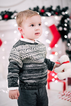 Christmas portrait of a young boy cozy atmosphere around the fireplace and Christmas treeの写真素材