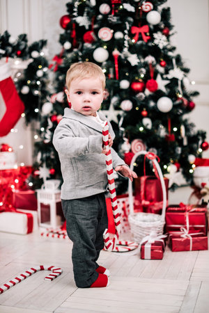 Christmas portrait of a young boy cozy atmosphere around the fireplace and Christmas treeの写真素材