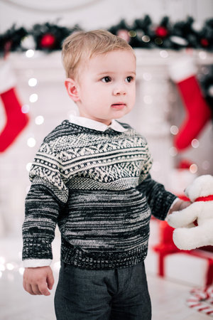 Christmas portrait of a young boy cozy atmosphere around the fireplace and Christmas treeの写真素材
