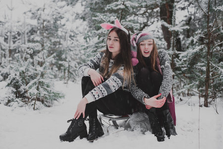 Two young teenage hipster girl friends together.Close up fashion portrait of two sisters hugs and having fun winter time,wearing sweater,best friends couple outdoors, snowy weatherの写真素材