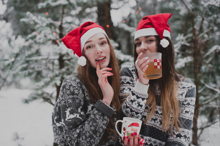Two young teenage hipster girl friends together.Close up fashion portrait of two sisters hugs and having fun winter time,wearing sweater,best friends couple outdoors, snowy weatherの写真素材
