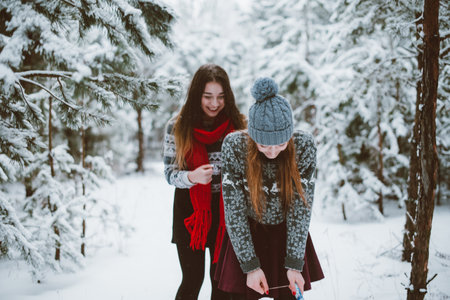 Two young teenage hipster girl friends together.Close up fashion portrait of two sisters hugs and having fun winter time,wearing sweater,best friends couple outdoors, snowy weatherの写真素材