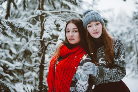 Two young teenage hipster girl friends together.Close up fashion portrait of two sisters hugs and having fun winter time,wearing sweater,best friends couple outdoors, snowy weatherの写真素材