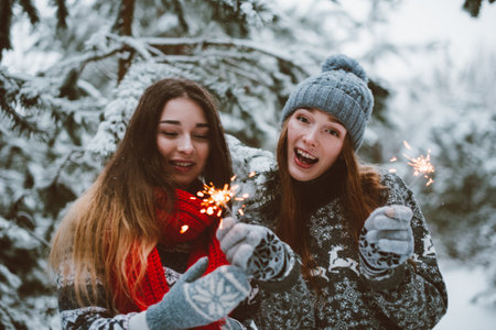 Two young teenage hipster girl friends together.Close up fashion portrait of two sisters hugs and having fun winter time,wearing sweater,best friends couple outdoors, snowy weatherの写真素材