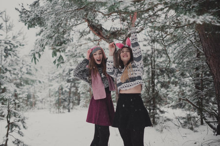 Two young teenage hipster girl friends together.Close up fashion portrait of two sisters hugs and having fun winter time,wearing sweater,best friends couple outdoors, snowy weatherの写真素材