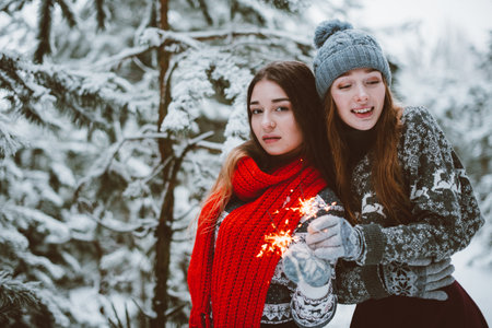 Two young teenage hipster girl friends together.Close up fashion portrait of two sisters hugs and having fun winter time,wearing sweater,best friends couple outdoors, snowy weatherの写真素材