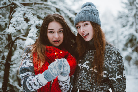 Two young teenage hipster girl friends together.Close up fashion portrait of two sisters hugs and having fun winter time,wearing sweater,best friends couple outdoors, snowy weatherの素材 [FY310195202383]