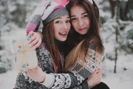 Two young teenage hipster girl friends together.Close up fashion portrait of two sisters hugs and having fun winter time,wearing sweater,best friends couple outdoors, snowy weatherの写真素材