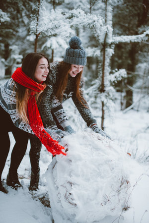 Two young teenage hipster girl friends together.Close up fashion portrait of two sisters hugs and having fun winter time,wearing sweater,best friends couple outdoors, snowy weatherの写真素材
