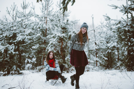 Two young teenage hipster girl friends together.Close up fashion portrait of two sisters hugs and having fun winter time,wearing sweater,best friends couple outdoors, snowy weatherの写真素材