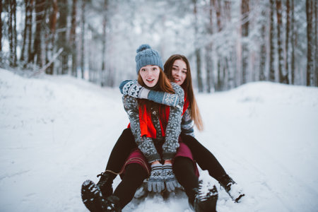 Two young teenage hipster girl friends together.Close up fashion portrait of two sisters hugs and having fun winter time,wearing sweater,best friends couple outdoors, snowy weatherの写真素材