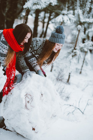 Two young teenage hipster girl friends together.Close up fashion portrait of two sisters hugs and having fun winter time,wearing sweater,best friends couple outdoors, snowy weatherの写真素材