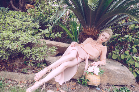 Sensual young blonde beautiful cute and elegant woman wearing pink sitting on the rock and looking into the camera over tropical green jungle palm background in China.の写真素材
