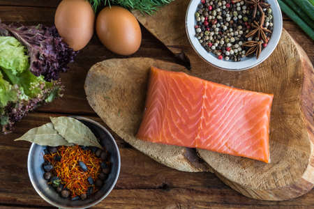 Trout with spice and eggsの写真素材