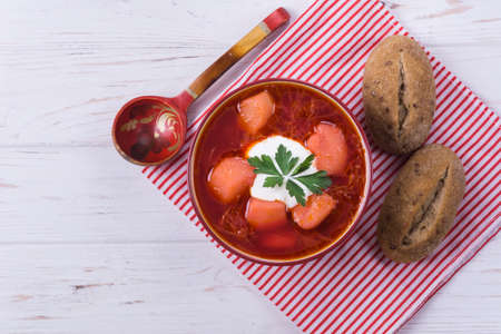 Borsh ukrainian traditional dish with sour on wooden backgroundの写真素材