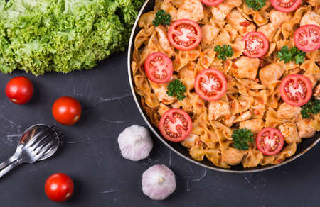 Pasta with tomato sauce chicken garlic herbs and spiceの写真素材