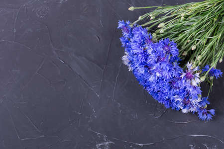 Bouquet of blue flowers on grey stone backgroundの写真素材