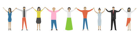 Men and women holding hands. Happiness, friendship, teamwork, gender equality. Victory or success concept. Hands up. Vector illustrationのイラスト素材