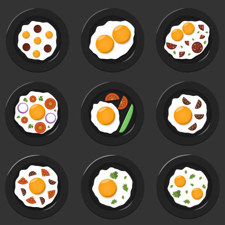Dishes icon set. Fried eggs with tomatos, cucumbers, onions, and sausages. Top view. Vector illustrationのイラスト素材