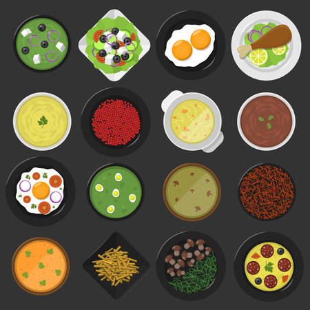 Food icon set. Dishes icons, Top view. Vector illustrationのイラスト素材