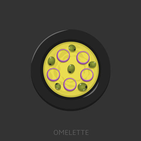 Omelette. Fried eggs with green olives and onion in a black plate Top view Vector illustrationのイラスト素材