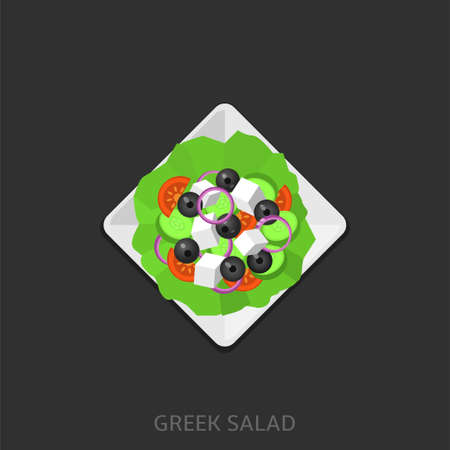 Greek salad. Greek salad in a white plate Top view Vector illustrationのイラスト素材