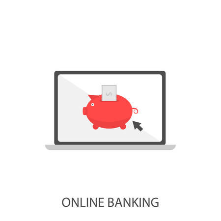 Online banking. Red piggybank with dollar banknote on the laptop screen Vector illustrationのイラスト素材