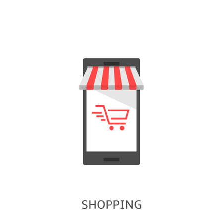 Shopping. Online Shopping, red shopping cart icon on smartphone screen Vector illustrationのイラスト素材