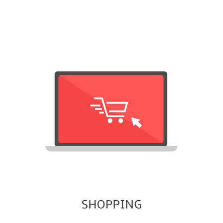 Shopping. Online Shopping, white shopping cart icon on red laptop screen Vector illustrationのイラスト素材