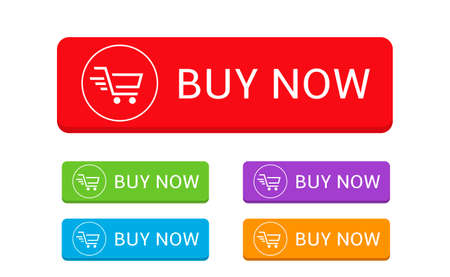 Buy now. Colored Buy it now banner template set, basket iconのイラスト素材