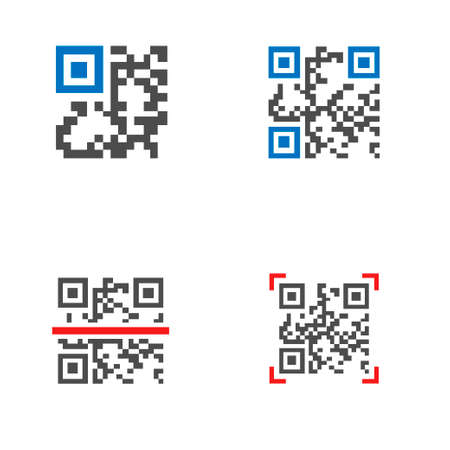 QR code icon set. Trademark for a type of matrix barcode, machine-readable optical label that contains information about the item to which it is attachedのイラスト素材