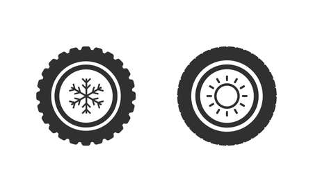 Car wheels with winter and summer tires. Winter tires with snowflake and summer symbolsのイラスト素材