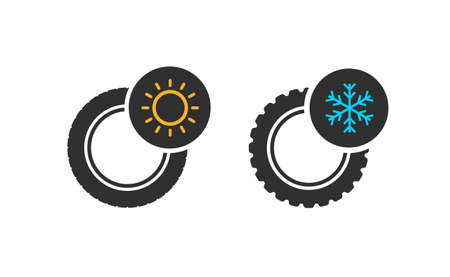 Car wheels with winter and summer tires. Winter tires with snowflake and summer symbolsのイラスト素材