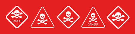 Hazard warning danger signs. Skull and bones symbols. Alert danger warning concept symbols on the red backgroundのイラスト素材