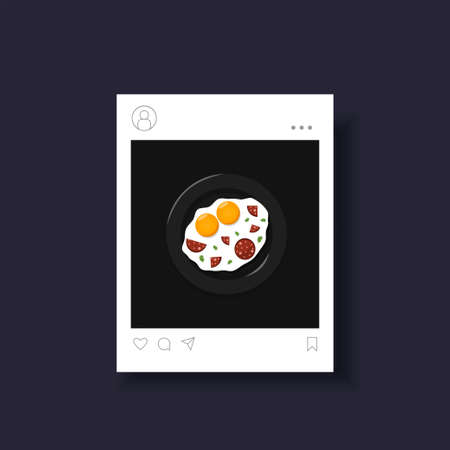 Food blog. Food photo, omelette scrambled eggs with sausagesのイラスト素材