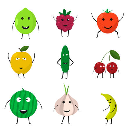 Cute and funny fruit and vegetables set lime, raspberry, tomato, apple, cucumber, cherry, watermelon garlic bananaのイラスト素材
