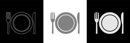 Black and white Spoon, Knife and Fork near the plate Icon Vector. Trendy Flat style for restaurant menu, graphic designのイラスト素材