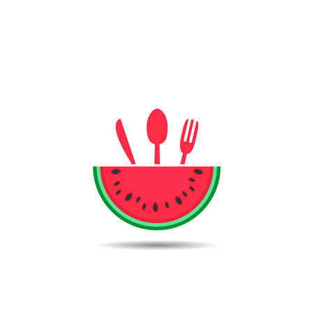 Watermelon icon in a flat style. Logo watermelon with spoon, knife and fork isolated on white background. Flat vector illustrationのイラスト素材