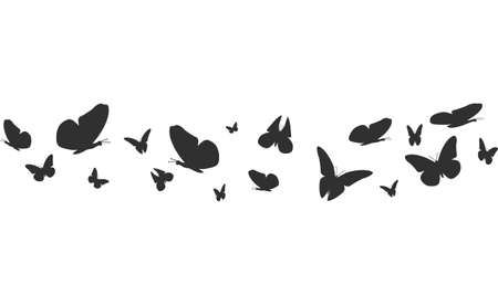 Flying butterflies silhouettes. Butterfly seamless border. Black forest and garden insects vector patternのイラスト素材