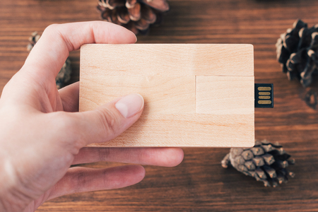 Wooden USB flash drive in the handの写真素材