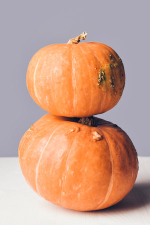 Two stacked mini pumpkins on a gray background. Studio shot of orange pumpkins on white wooden tableの写真素材