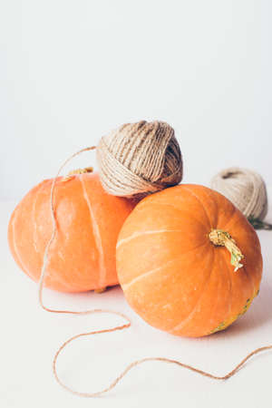 Studio shot of orange pumpkins on wooden table. Copy space for the textの写真素材