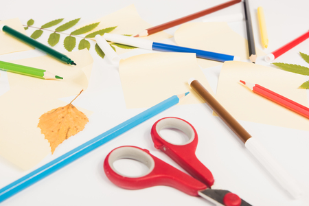 Supplies on white background,  top view. Back to school concept. Copy spaceの写真素材