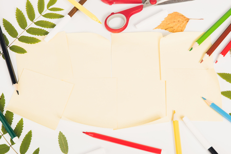 Supplies on white background,  top view. Back to school concept. Copy spaceの写真素材