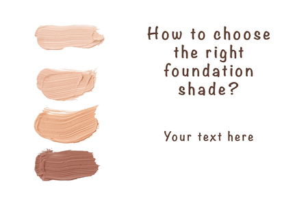 Close up of a make up liquid foundation isolated on white background. Different Tones, Text how to chose the right foundation shadeの写真素材